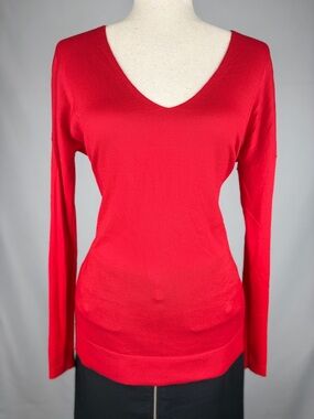 Express Red V Neck Sweater Lightweight Knit Fitted Long Sleeve XS